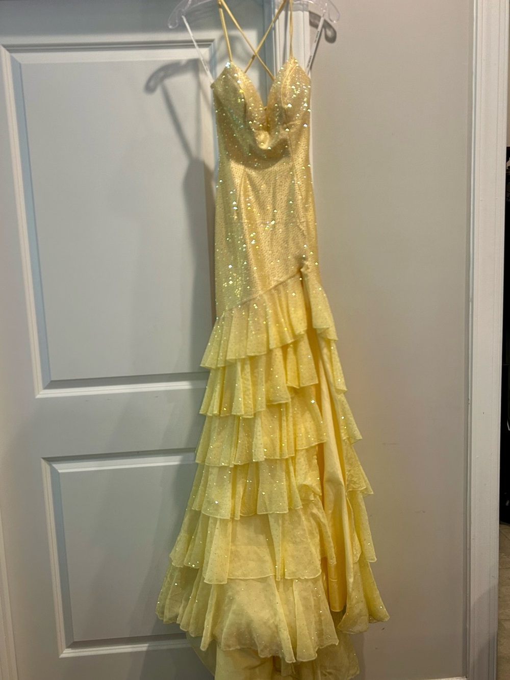 Sherri Hill Yellow with Stones Ruffle Gown- worn once!